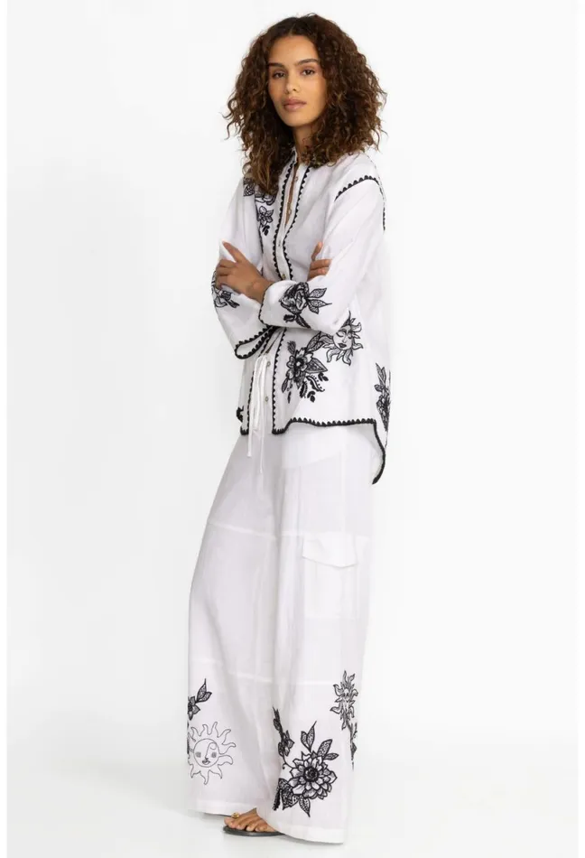 Women Johnny Was Bottoms Addison Drawstring Wide Leg Pant White