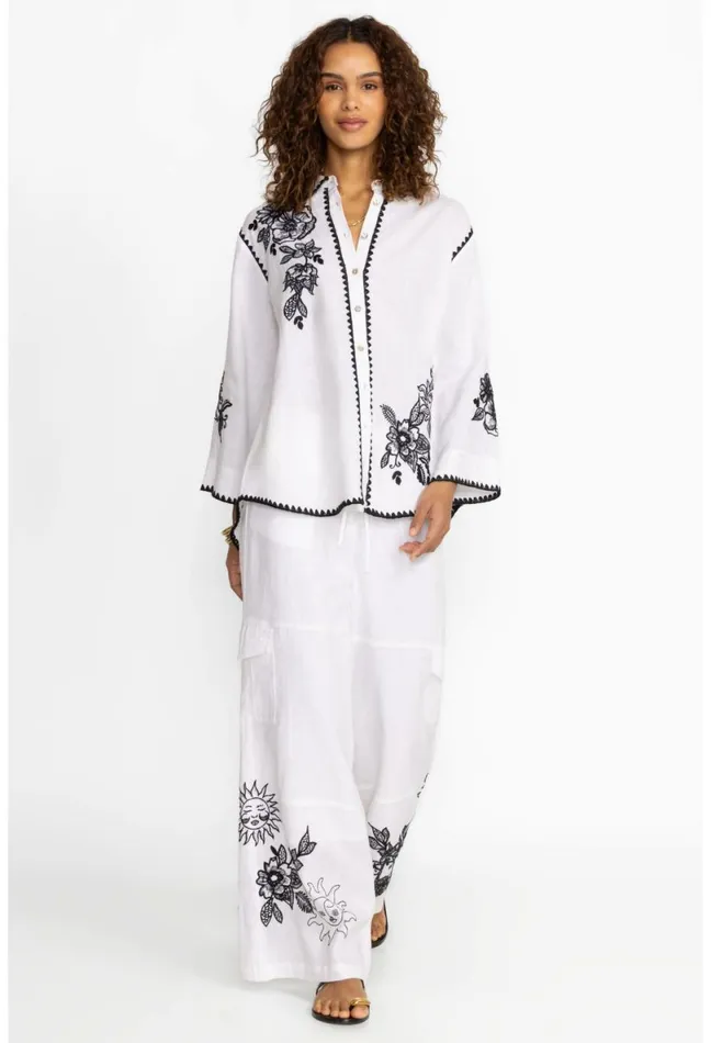 Women Johnny Was Bottoms Addison Drawstring Wide Leg Pant White