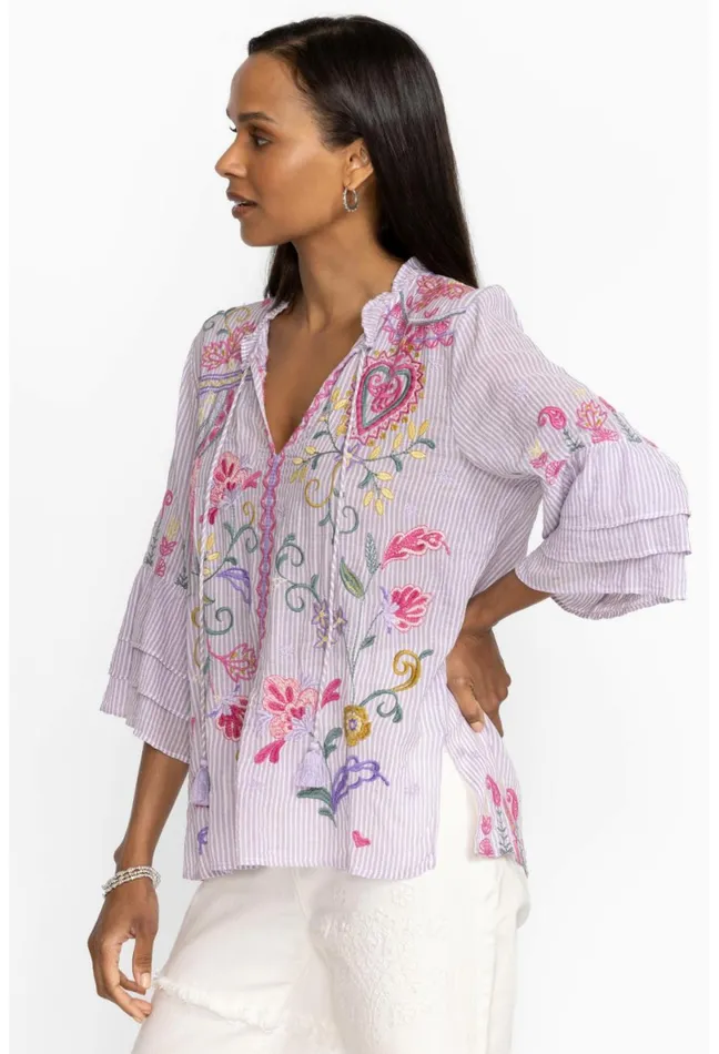Women Johnny Was Tops Ashlee Ruffle Sleeve Blouse Stripe