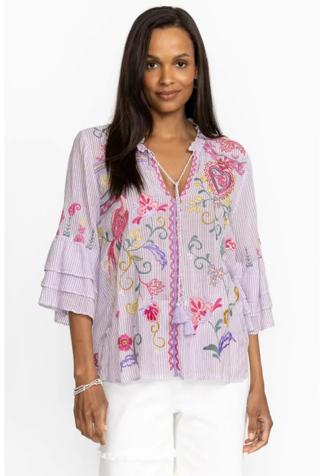 Women Johnny Was Tops Ashlee Ruffle Sleeve Blouse Stripe