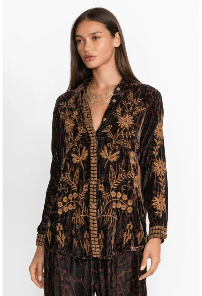 Women Johnny Was Tops Georgina Velvet Oversized Shirt French Leopard