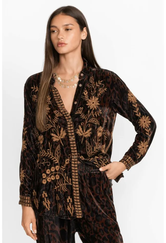 Women Johnny Was Tops Georgina Velvet Oversized Shirt French Leopard