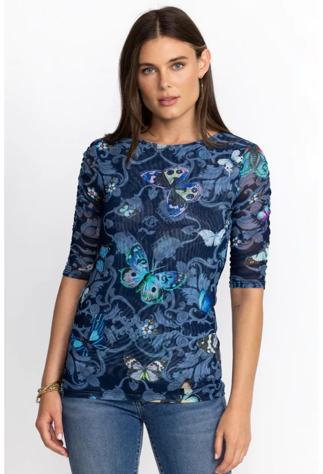 Women Johnny Was Tops Holly Ruched Sleeve Mesh Top Holly