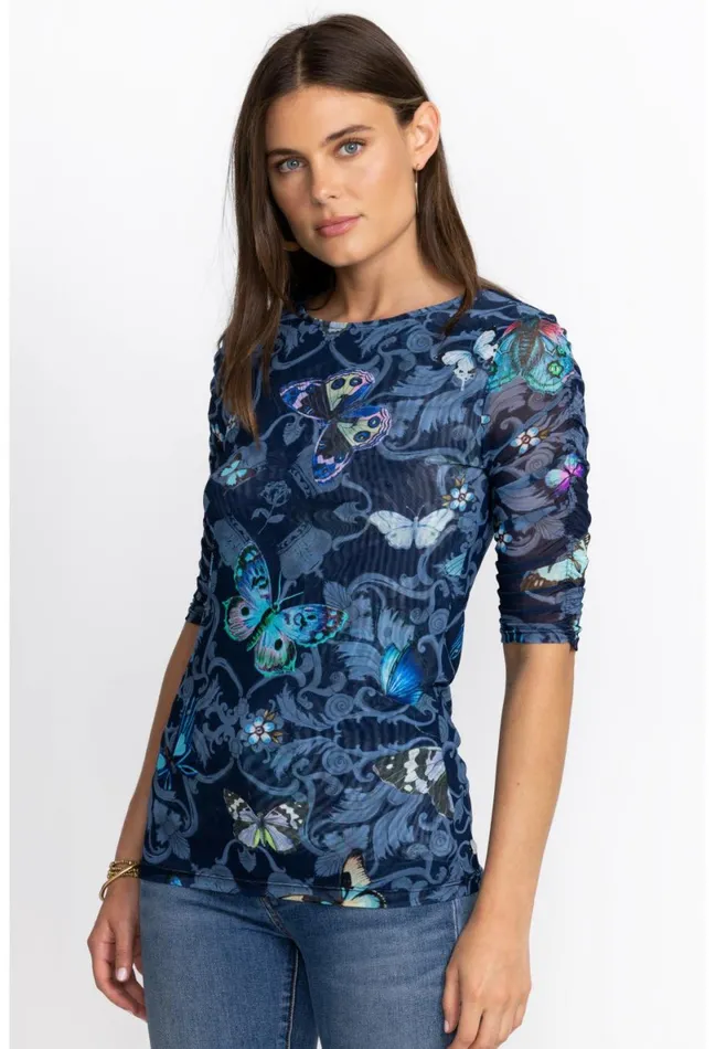 Women Johnny Was Tops Holly Ruched Sleeve Mesh Top Holly