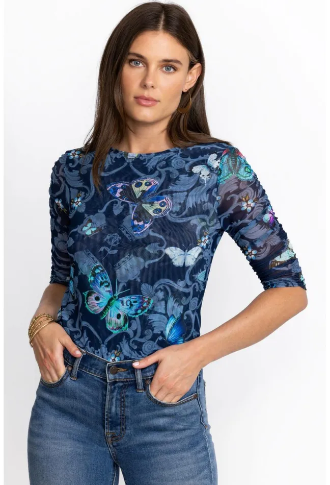 Women Johnny Was Tops Holly Ruched Sleeve Mesh Top Holly