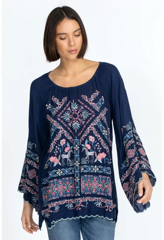 Women Johnny Was Tops Lina Tunic Blue Night