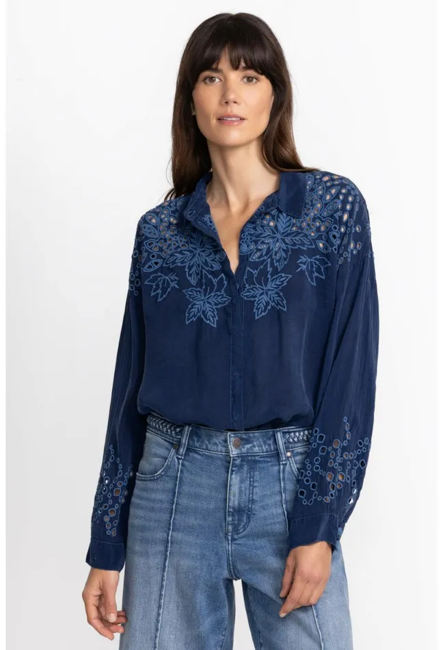 Women Johnny Was Tops Lotus Eyelet Button Down Blue Night