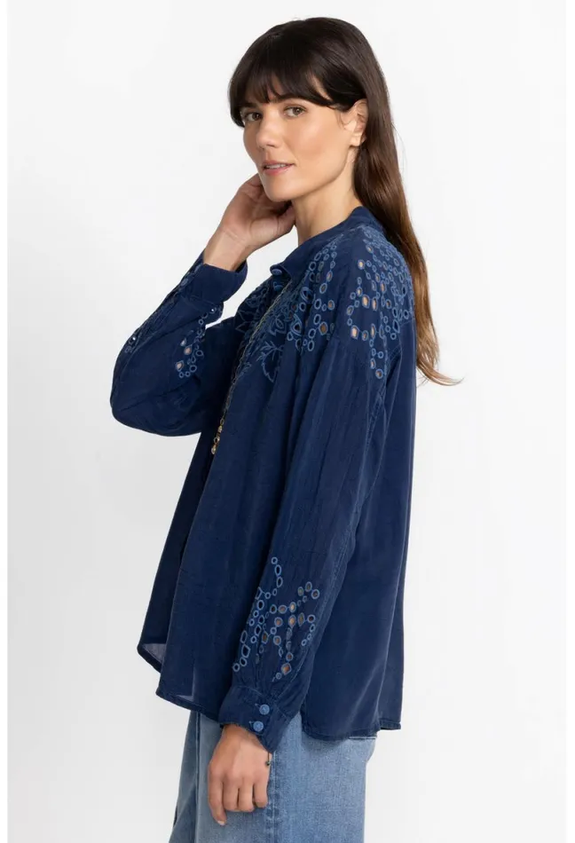 Women Johnny Was Tops Lotus Eyelet Button Down Blue Night