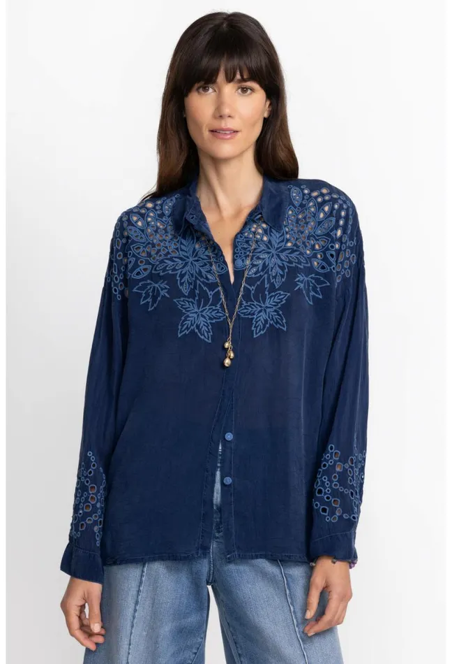Women Johnny Was Tops Lotus Eyelet Button Down Blue Night