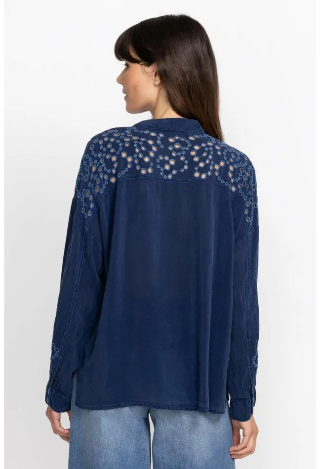 Women Johnny Was Tops Lotus Eyelet Button Down Blue Night