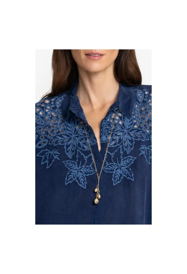 Women Johnny Was Tops Lotus Eyelet Button Down Blue Night