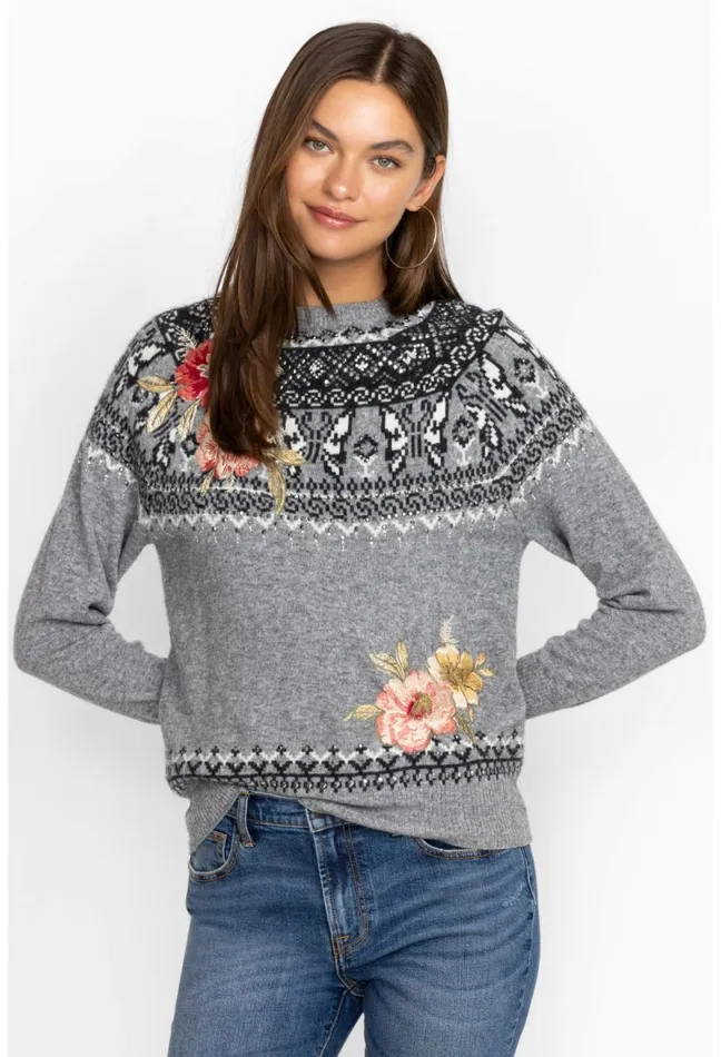 Women Johnny Was Tops Sammy Fairisle Pullover Grey