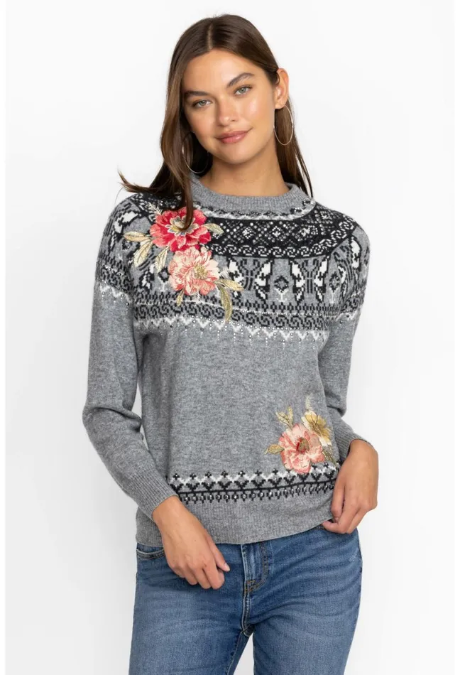 Women Johnny Was Tops Sammy Fairisle Pullover Grey