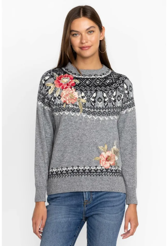 Women Johnny Was Tops Sammy Fairisle Pullover Grey