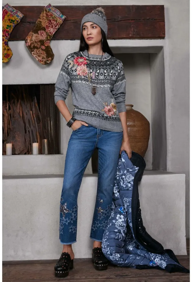 Women Johnny Was Tops Sammy Fairisle Pullover Grey