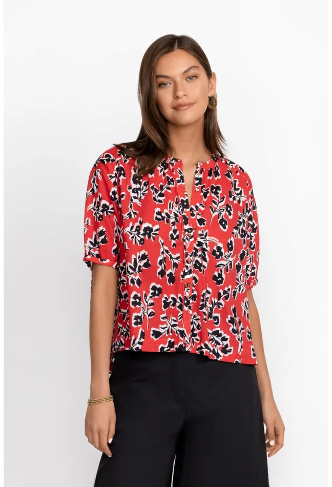 Women Johnny Was Tops Shirred Neck Button Down Blouse Poppy Red Garden Vines