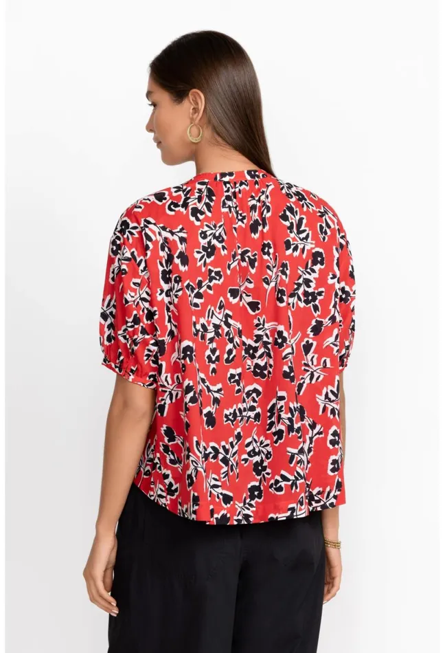 Women Johnny Was Tops Shirred Neck Button Down Blouse Poppy Red Garden Vines