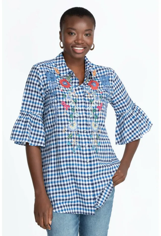 Women Johnny Was Tops Taryn Ruffle Sleeve Tunic Plaid
