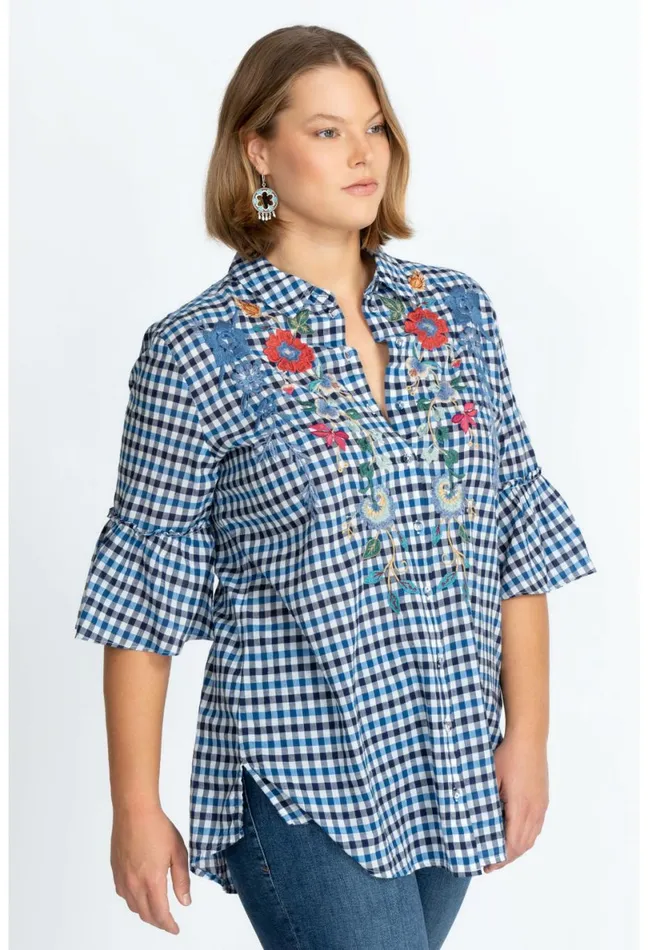 Women Johnny Was Tops Taryn Ruffle Sleeve Tunic Plaid