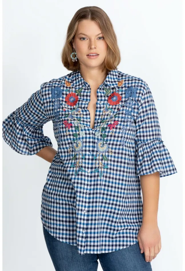 Women Johnny Was Tops Taryn Ruffle Sleeve Tunic Plaid