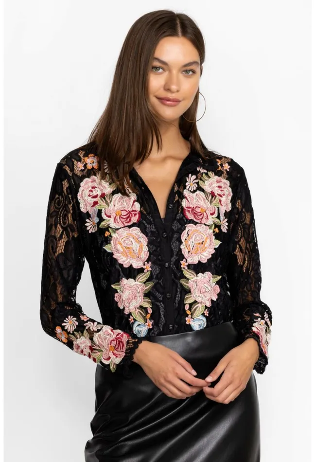 Women Johnny Was Tops Veronne Lace Blouse Slip Black