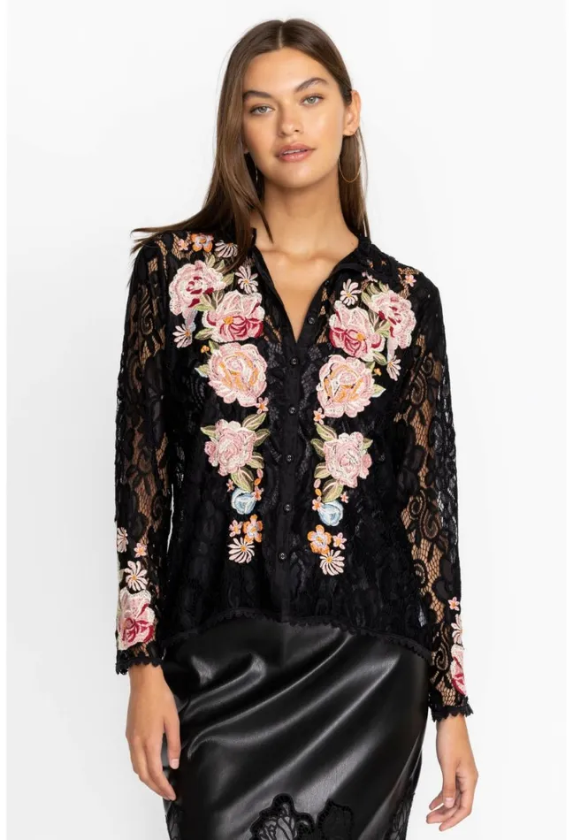Women Johnny Was Tops Veronne Lace Blouse Slip Black