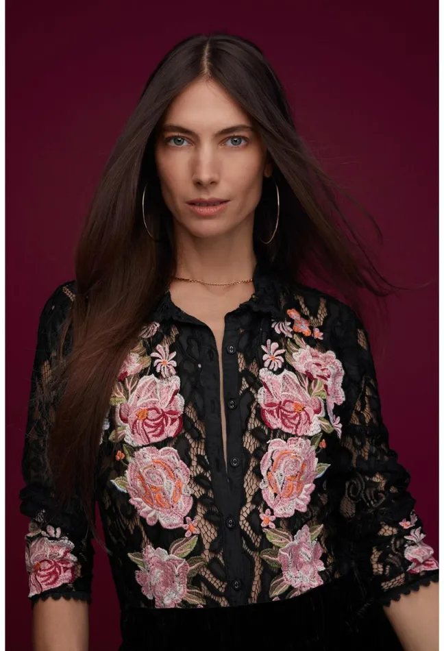 Women Johnny Was Tops Veronne Lace Blouse Slip Black