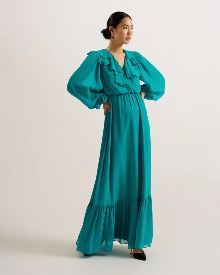 Women KEINA 8211 Ruffle Neck Long Sleeve Maxi Dress Green Ted Baker Dresses