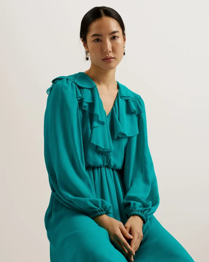 Women KEINA 8211 Ruffle Neck Long Sleeve Maxi Dress Green Ted Baker Dresses