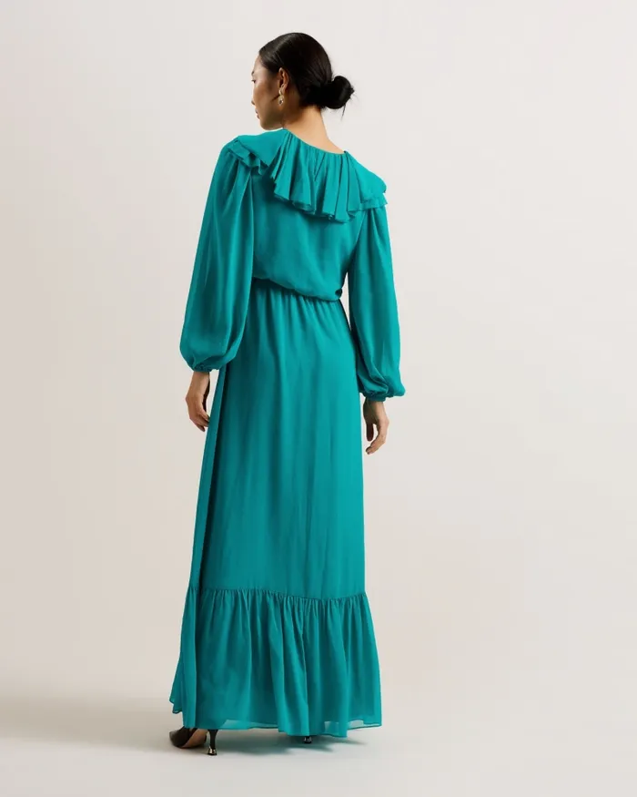 Women KEINA 8211 Ruffle Neck Long Sleeve Maxi Dress Green Ted Baker Dresses