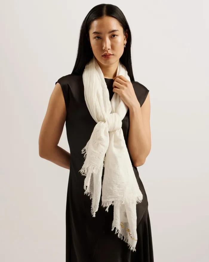 Women KELIEE 8211 Floral Branded Cotton Scarf Cream Ted Baker Scarves Women KELIEE 8211 Floral Branded Cotton Scarf Cream Ted Baker Scarves