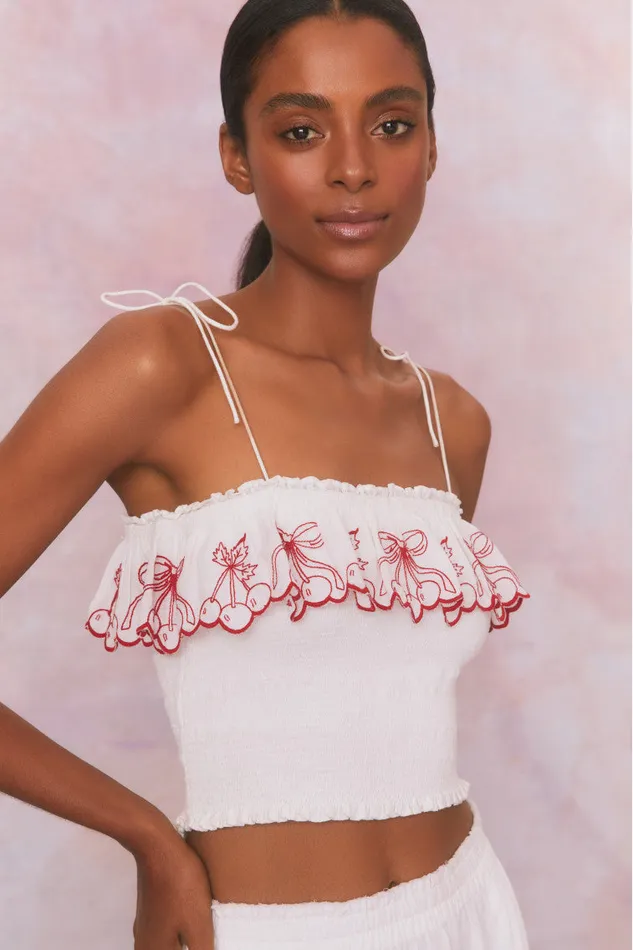 WomenKids Tops LoveShackFancy Carletta Cherry Embroidered Smocked Top Candy Red