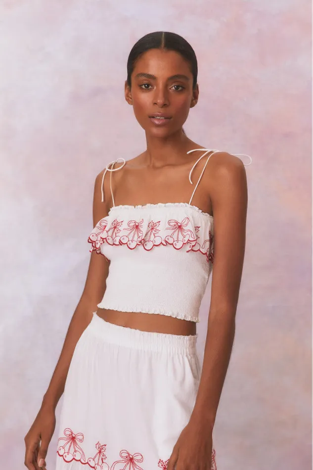 WomenKids Tops LoveShackFancy Carletta Cherry Embroidered Smocked Top Candy Red