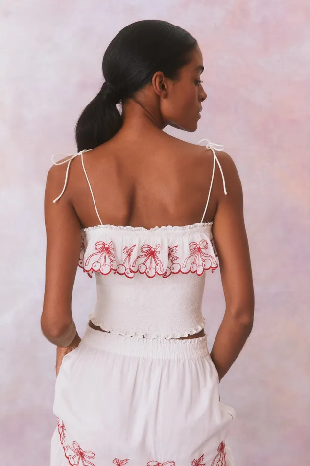 WomenKids Tops LoveShackFancy Carletta Cherry Embroidered Smocked Top Candy Red