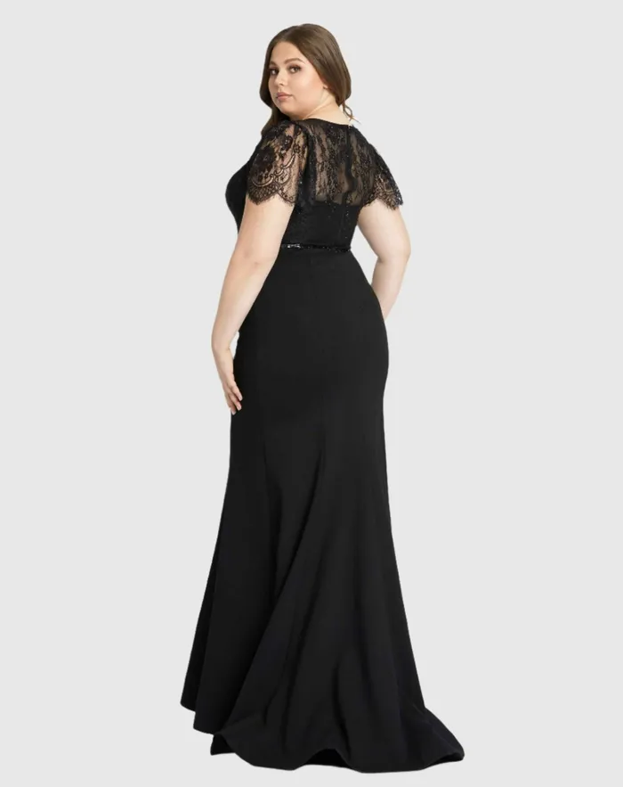 Women Lace Illusion High Neck Cap Sleeve Gown BLACK Plus Size Dresses Mac Duggal Women Lace Illusion High Neck Cap Sleeve Gown BLACK Plus Size Dresses Mac Duggal