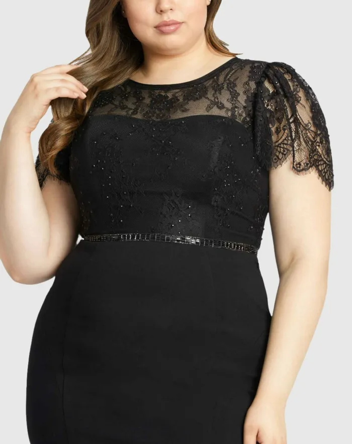 Women Lace Illusion High Neck Cap Sleeve Gown BLACK Plus Size Dresses Mac Duggal Women Lace Illusion High Neck Cap Sleeve Gown BLACK Plus Size Dresses Mac Duggal
