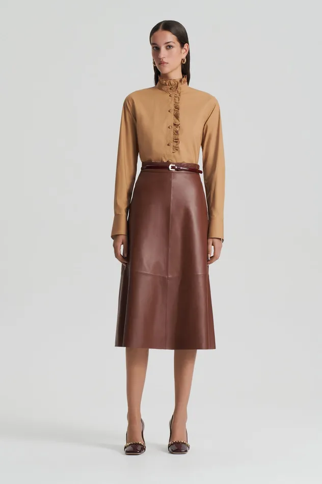 Women Leather Scanlan Theodore LEATHER LONG SKIRT TAN