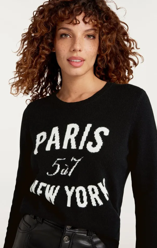 Women Long Sleeve Tops Cinq Sept Paris New York Graphic Crewneck Pullover Blackivory