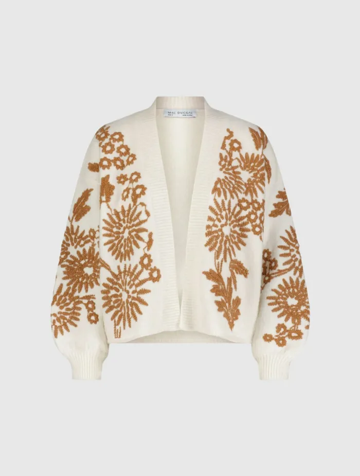 Women Mac Duggal Cropped Knit Cardigan With Floral Details Ecru Knitwear