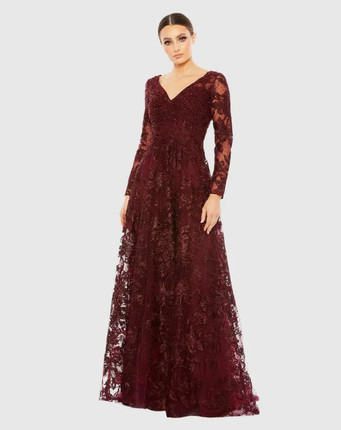 Women Mac Duggal Embellished Illusion Long Sleeve V Neck Gown Mahogany Evening Gowns