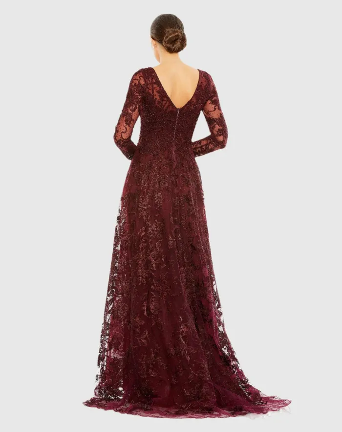 Women Mac Duggal Embellished Illusion Long Sleeve V Neck Gown Mahogany Evening Gowns Women Mac Duggal Embellished Illusion Long Sleeve V Neck Gown Mahogany Evening Gowns