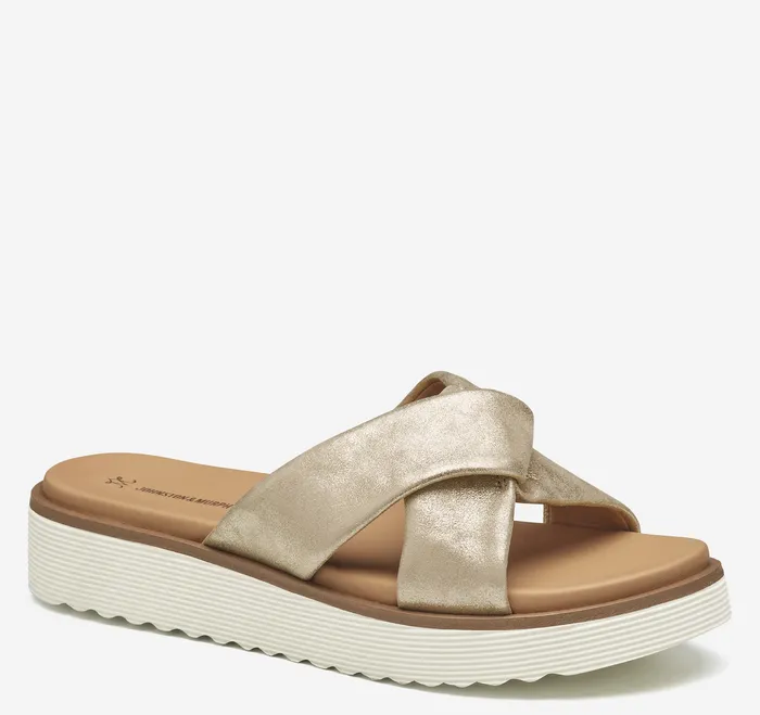 Women Mitzi Knotted Slide Champagne Metallic Kid Suede Sandals Johnston and Murphy