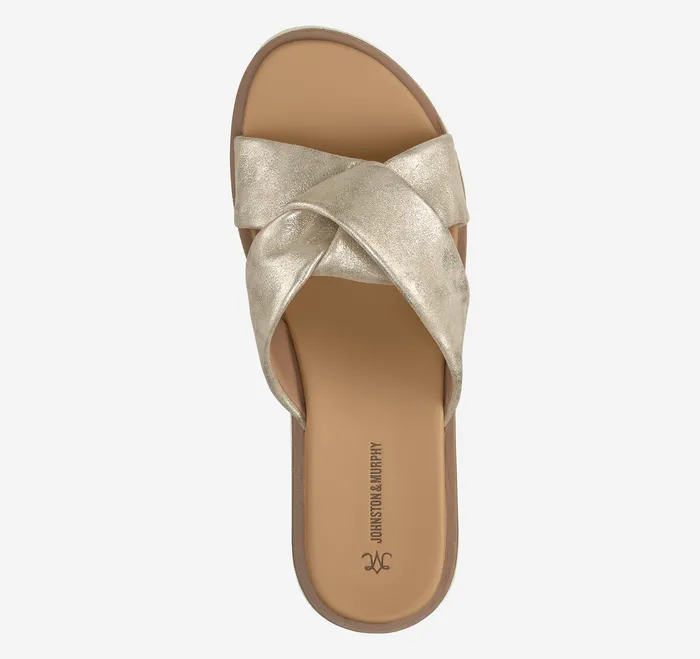 Women Mitzi Knotted Slide Champagne Metallic Kid Suede Sandals Johnston and Murphy