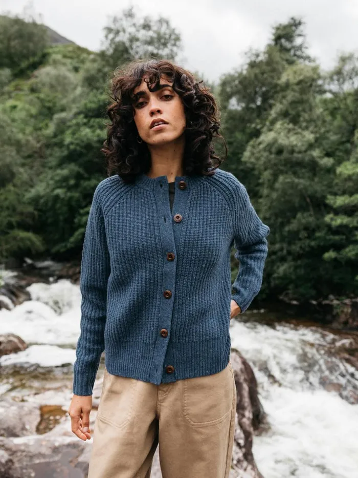 Women Mora Crew Neck Cardigan Denim Finisterre Knitwear