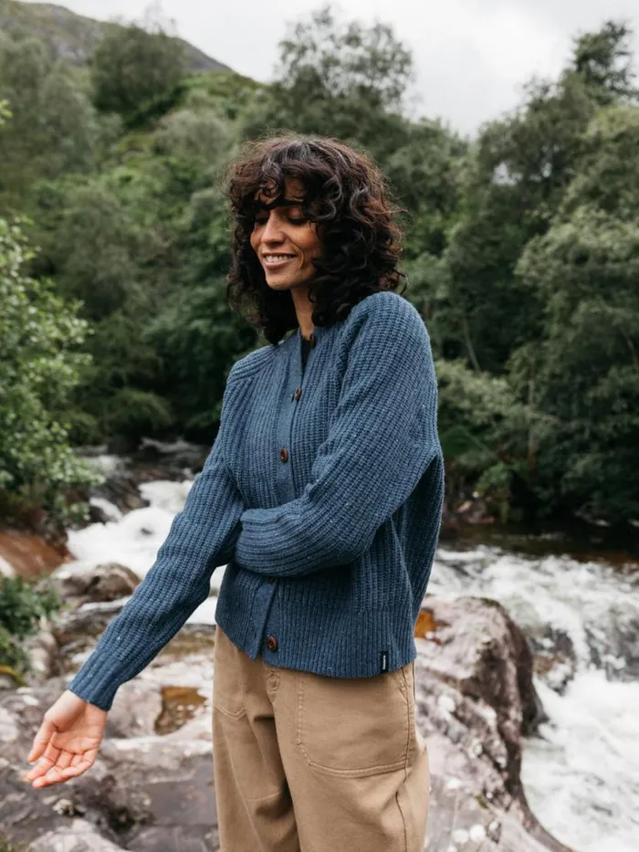 Women Mora Crew Neck Cardigan Denim Finisterre Knitwear