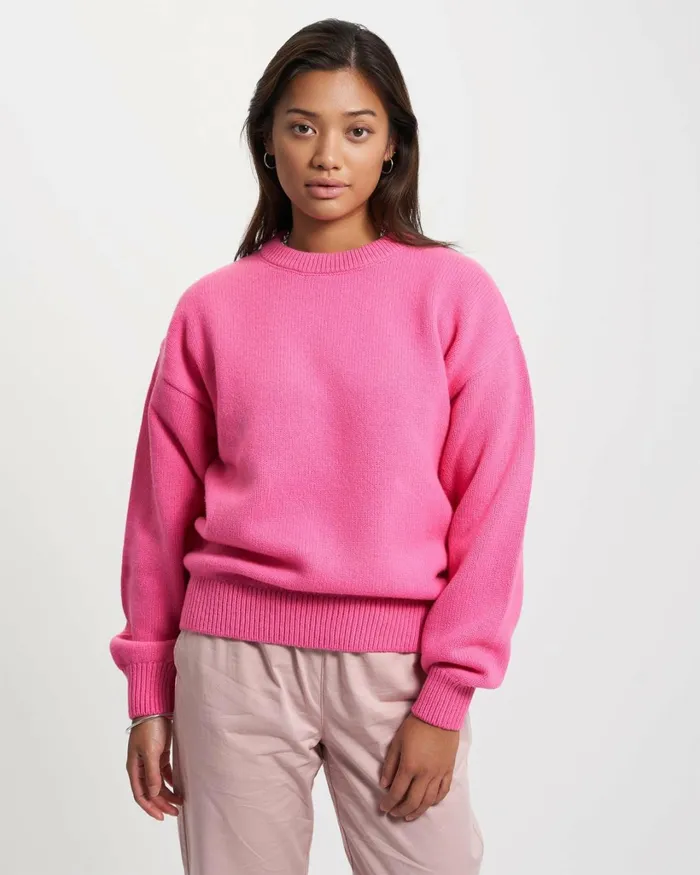 Women Oversized Merino Wool Crew Stone Blue Colorful Standard Knit Sweaters