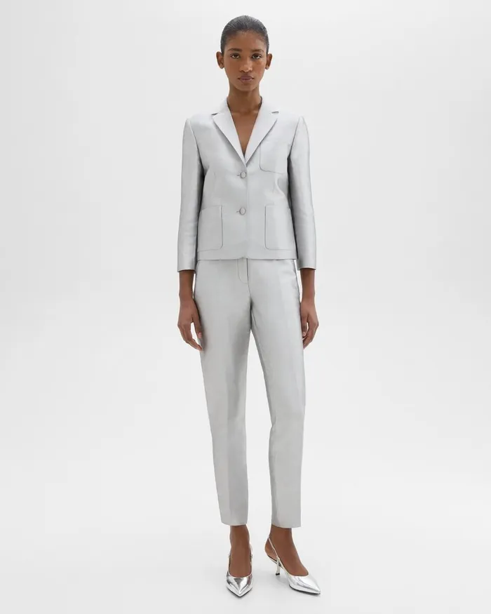 Women Pants Theory Tapered Slim Pant In Metallic Silk Twill Ice Grey