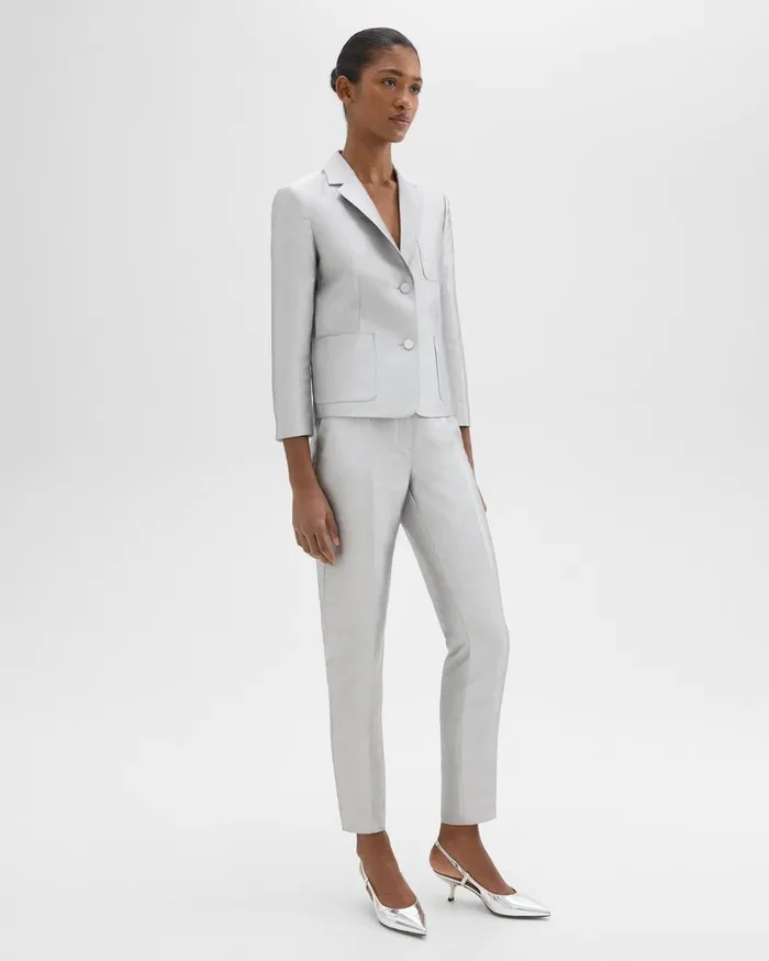 Women Pants Theory Tapered Slim Pant In Metallic Silk Twill Ice Grey
