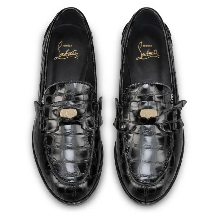 Women Penny Loafers 8211 Alligator Embossed Calf Leather 8211 Black Christian Louboutin Flats and Loafers