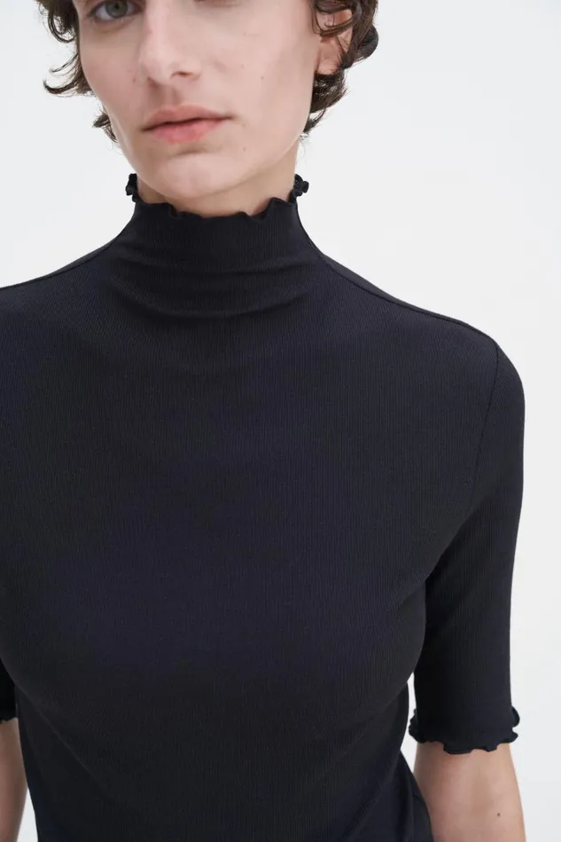 Women Rib Mock Neck Tee Black Filippa K Tops